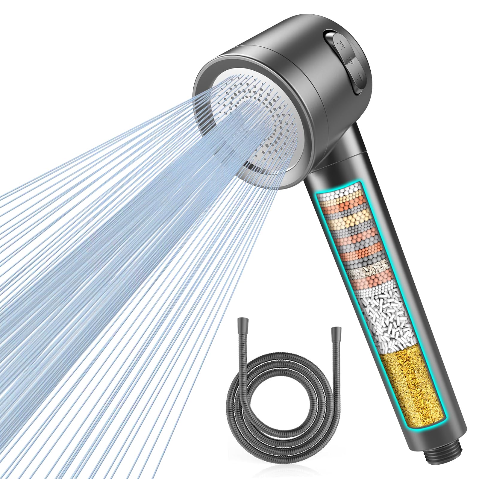MEKO Hard Water Filter Shower Head with 3 Modes, 15 Layers Filtration Water Saving High Pressure Shower Heads and 1.5m Hose, Massage Shower Filter for Residual Chlorine Remove