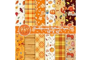 sorkwo 24 Sheets Thanksgiving Pattern Paper Set, 12"x12" Patterned Cardstock Paper Scrapbooking Supplies Paper Maple Leaves Pumpkin Turkeys Origami Paper - 12 Styles