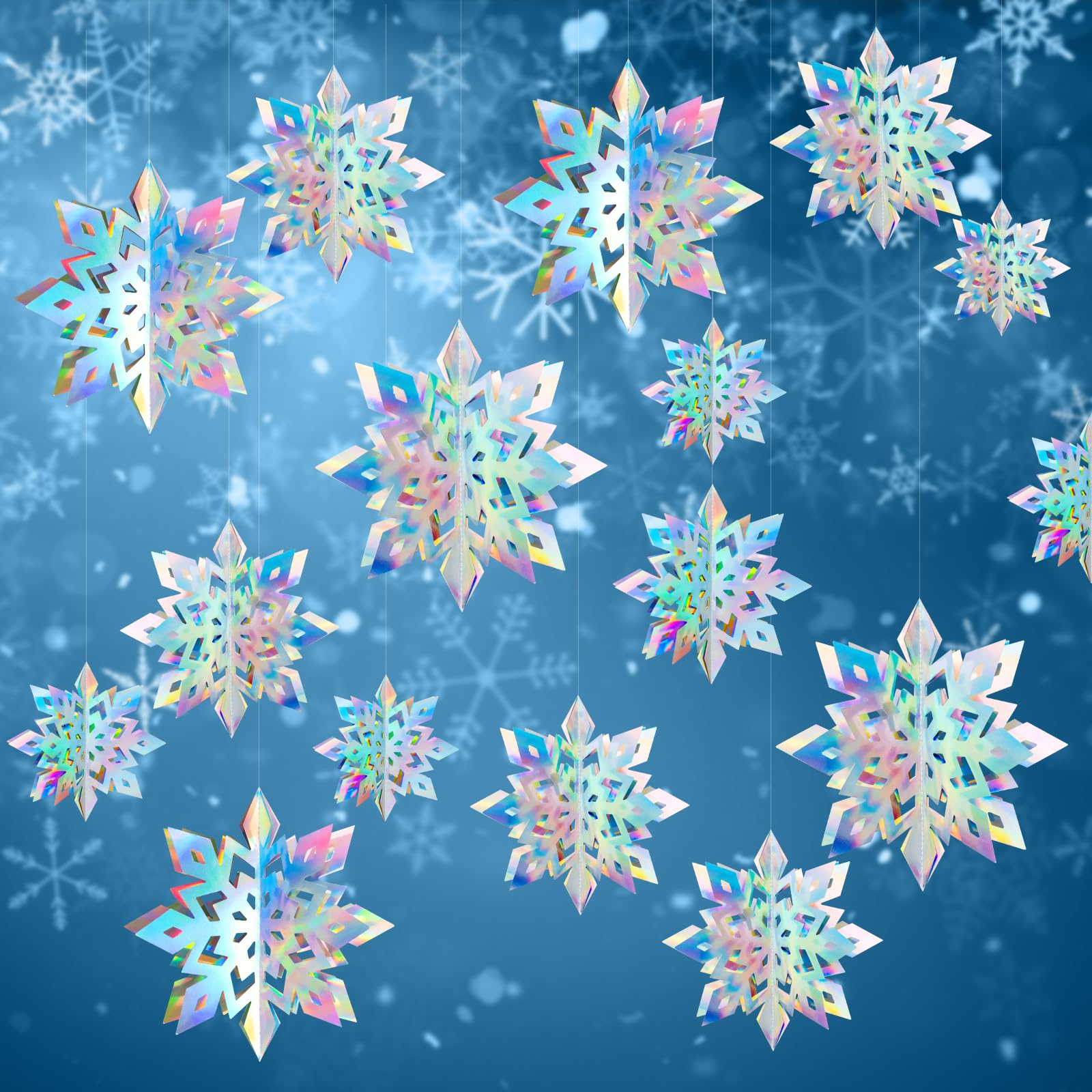 Photo 1 of 12Pcs Winter Snowflake Ornaments - 3D Large Iridescent Hanging Snowflakes Decorations, Paper Snowflake Garland with 3 Size for Winter Wonderland Frozen Christmas Party Decorations Holiday Home Indoor