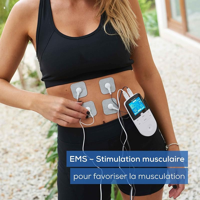EM49 Électrostimulateur musculaire 3 en 1 :TENS/EMS/Massage, thérapie anti-douleur TENS, stimulation électrique des muscles EMS, 4électrodes, Noir réutilisables incluses, facile à emporter
