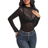 BemorRun Lace Long Sleeve Tops for Women Mesh Long Sleeve Tops Mock Neck See Through Tops Sexy Going Out Tops