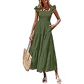 PRETTYGARDEN Womens Summer Square Neck Maxi Dresses Cap Sleeve Eyelet Smocked Tiered A Line Flowy Long Dress with Pockets