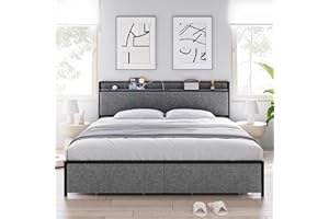 dainslef King Size Bed Frame with Charging Station and Storage Drawers, Platform Bed with Headboard, Sturdy Design, Noise Free, No Box Spring Needed, Easy Assembly