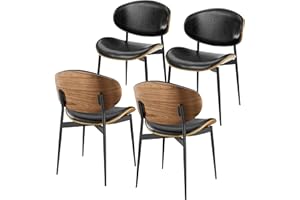 Art Leon Dining Chairs Set of 4, Walnut Bentwood, Mid Century Modern Chair, Black Faux Leather Kitchen Dining Room Chairs with Metal Legs, Accent Chairs for Bedroom