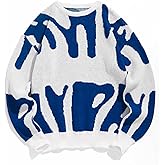 ZAFUL Men's Long Sleeve Graphic Sweater Color Block Loose Casual Knitted Jumper Pullover Halloween Sweater Blue L