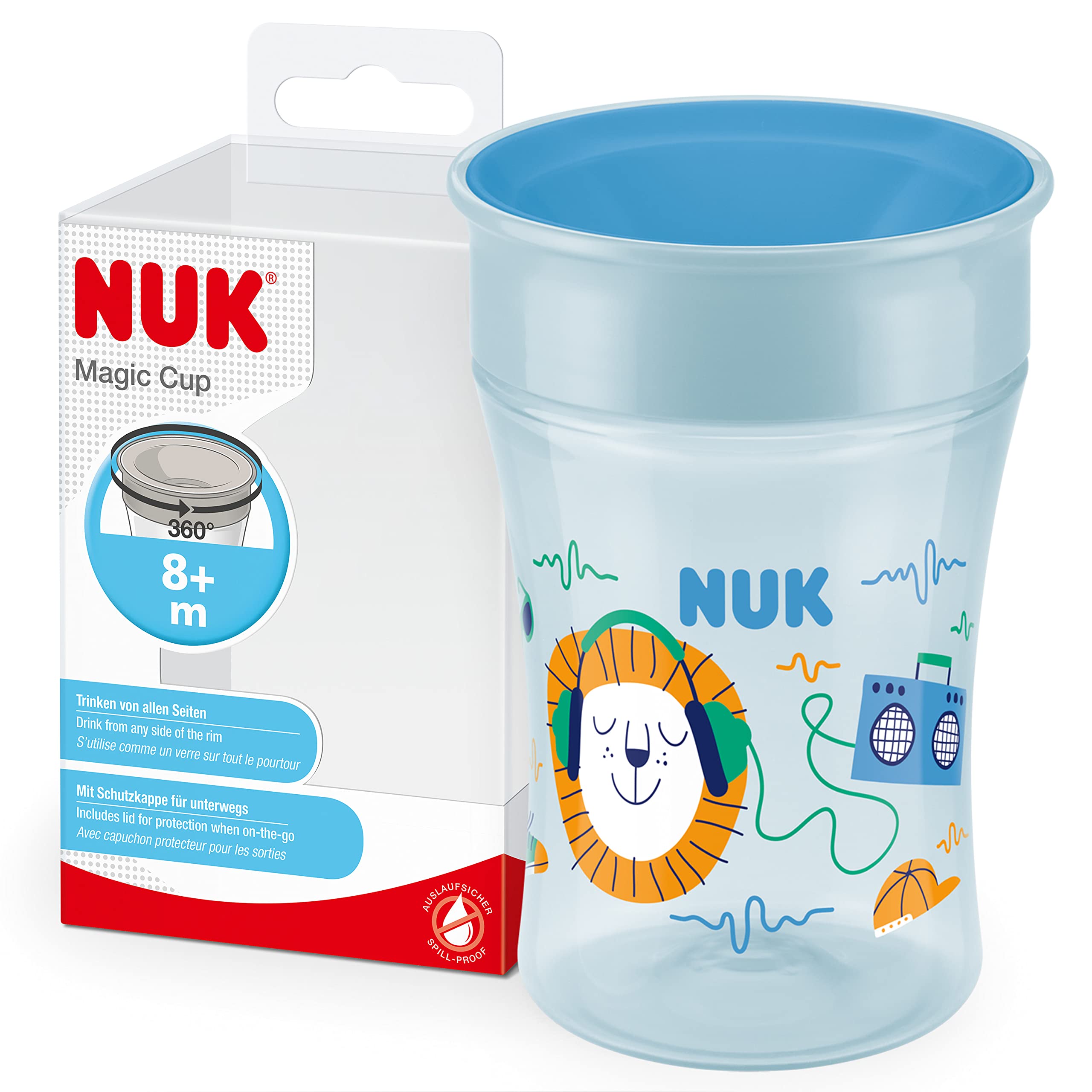 NUK Magic Cup Sippy Cup | 360° Anti-Spill Rim | 8+ Months | Leak-Proof & BPA-Free | 230 ml | Blue Hedgehog