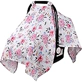 Rquite Muslin Car Seat Cover Baby, Carseat Covers Baby Girl Boy, Breathable Lightweight Infant Car Seat Cover, Baby Carrier Cover Car Seat Canopy Stroller Sun Shade for Summer & Hot Day, Universal Fit