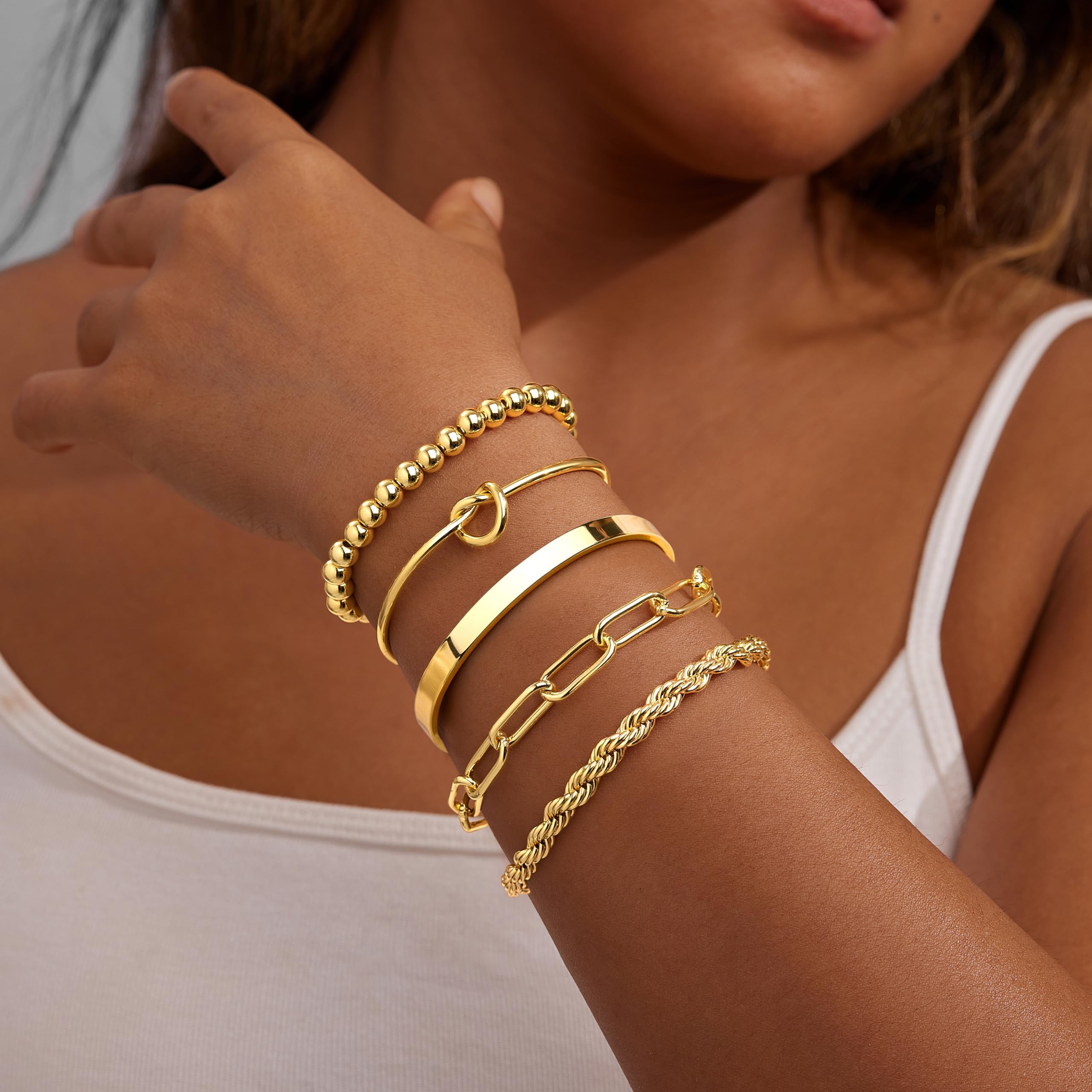 Gokeey Christmas Gold Bracelets for Women Non Tarnish, 14K Gold Plated Chunky Cuff Bracelet Stackable Gold Bangles Bracelet for Women Trendy Tie Knot Cuban Rope Paperclip Beaded Bracelet Stack Jewelry Stocking Stuffer Gifts Fashion Accessories
