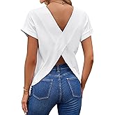 LilyCoco Women's Tie Dye Short Sleeve Shirt Criss Cross Back Tops Casual Loose Tee