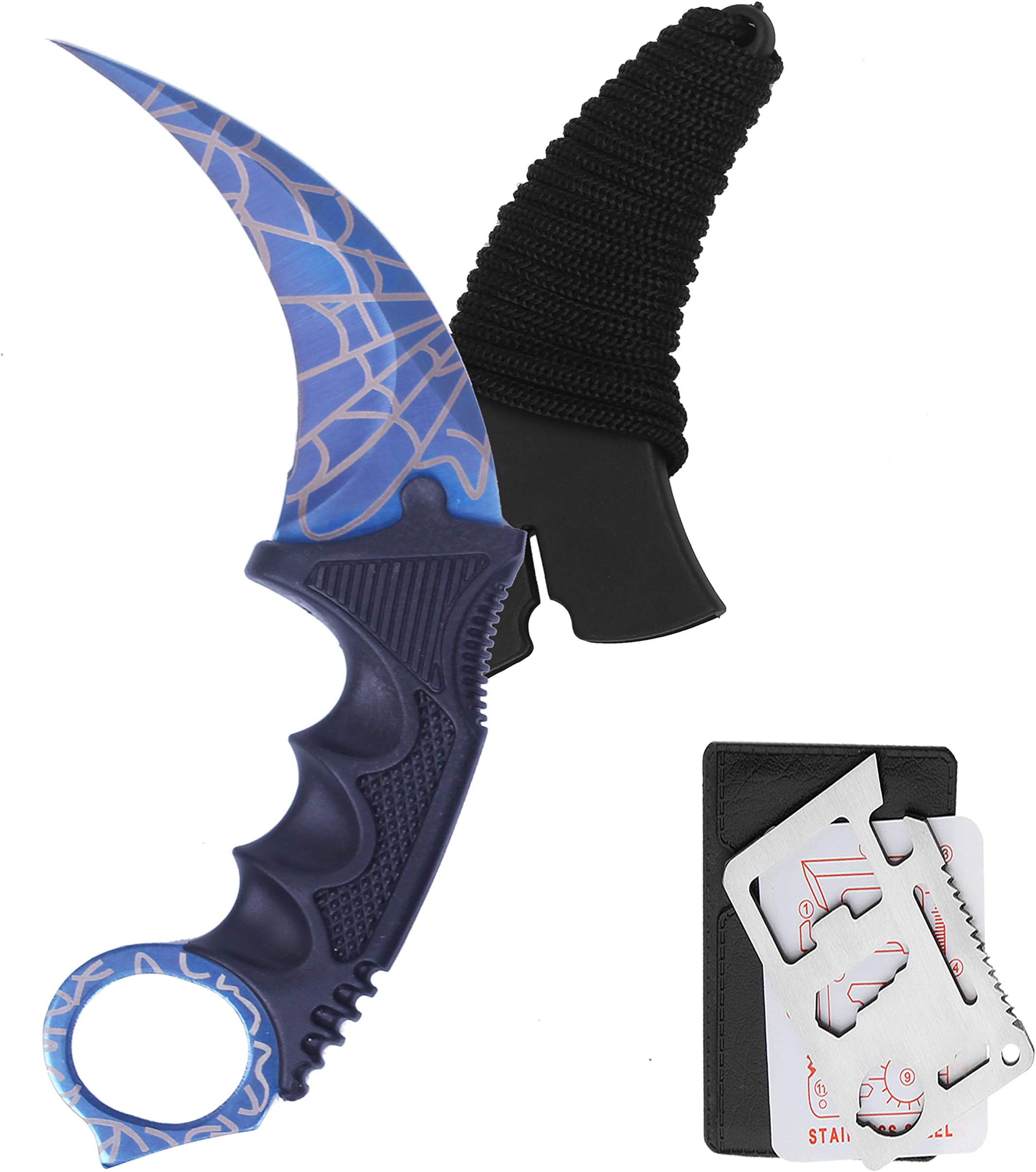 GRULLIN CSGO Karambit Knife, Tactical Stainless Steel Fixed Blade Knife with Sheath and Cord Claw Knife, with Multifunction Card Knife for Camping Hunting Fishing Field Survival (Spider Blue)