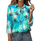 Womens Long Sleeve Hawaiian Shirts V Neck Button Down Floral Printed Shirt Trendy Boho Casual Blouses Tops