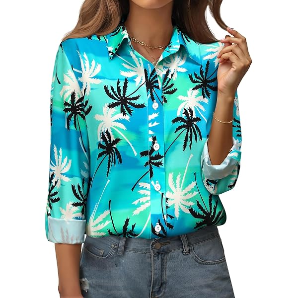 ZXZY Women's Hawaiian Shirts Long Sleeve Tropical Tops Button Down