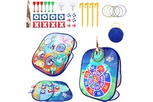 WELLTOP Bean Bag Toss Party Games for Kids, 5 in 1 Toss Game Kit Collapsible Three Sided Garden Game, Cornhole Throwing Game, Sticky Ball, Dart Game, Ring Tossing Game & Board Game with 4 Props, 5 Games