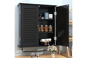 TaoHFE Bathroom Cabinet Wall Mounted Designer Bathroom Wall Cabinet Medicine Cabinet with Double Shutter Doors 3 Tier Adjustable Shelf with Towel Rack Over The Toilet Storage Cabinet Laundry (Black)