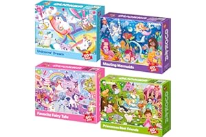 QUOKKA Puzzles for Kids Ages 4-6 - Set of 4x60 Jigsaw Puzzles for Toddlers 3-5 - Unicorn Princess Animals Toys for Children 6-8 yo - Gift Educational Game for Boys & Girls