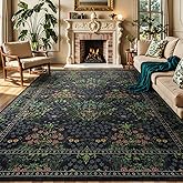 Lessymo Floral Black Green Washable Rugs 8x10, Living Room Area Rug Non Slip Boho Low Plie Large Carpet for Bedroom Dining Room Home Office, Vintage Flower Decor Distressed Retro Indoor