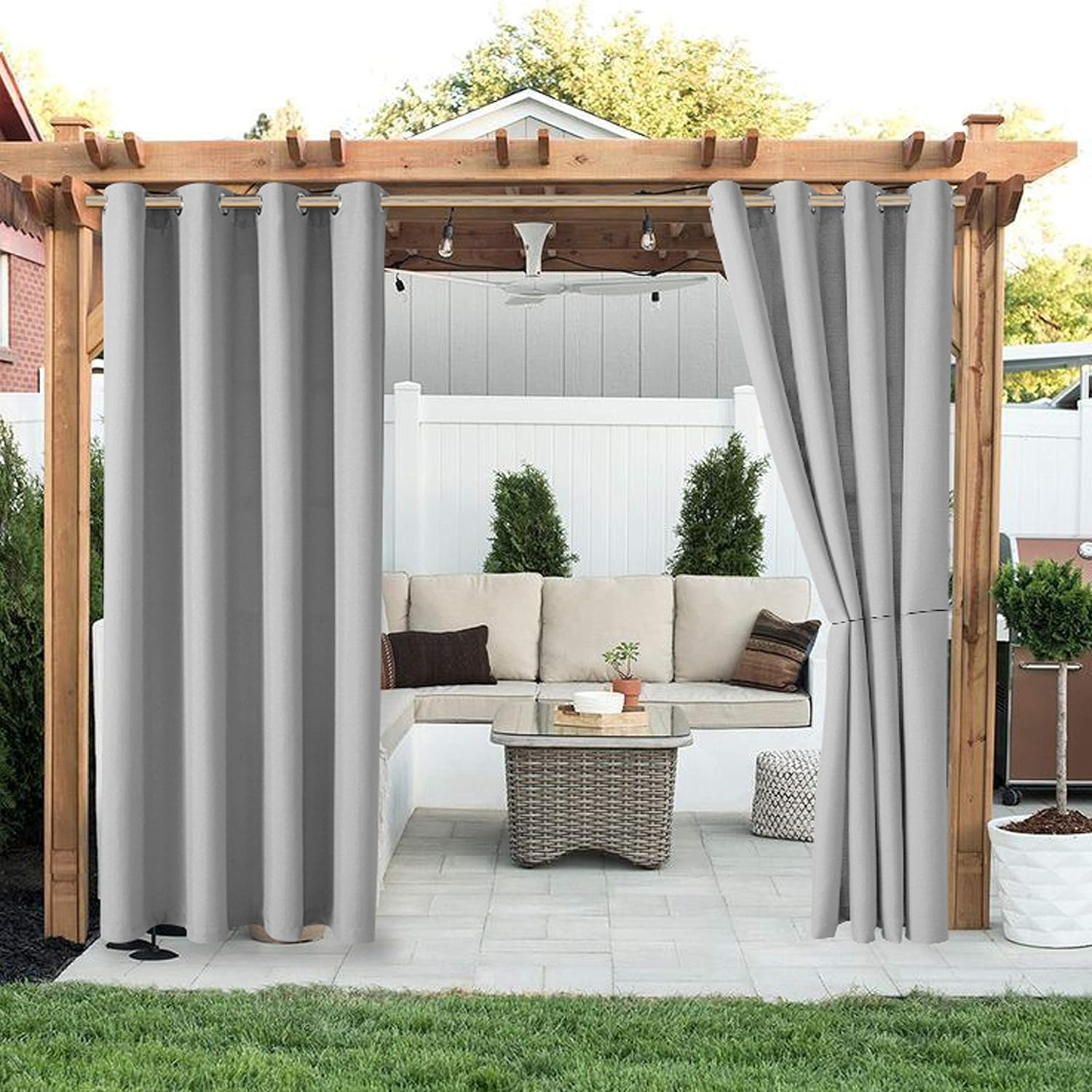 Outdoor Curtains - LORDTEX Linen Look Indoor/Outdoor Curtains, 52 x 84 Inch, Light Grey – Waterproof, Privacy, Sun Blocking Textured Grommet Curtains for Patio, Pergola, Porch, Deck, Lanai, and Cabana, Set of 2 Panels