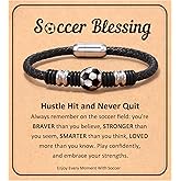 HGDEER Baseball Soccer Bracelet, Black Leather Stainless Steel Charm Baseball Soccer Gifts for 8-16 Year Old Teens, Teams, Son, Grandson Brother Ideas