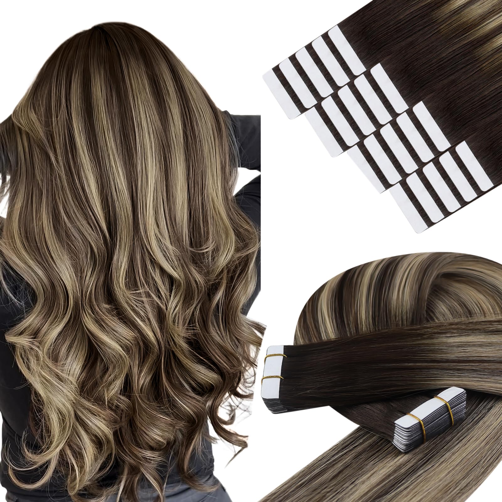 YoungSee Tape in Hair Extensions Human Hair Balayage SeamlessTape on Hair Extensions Ombre Dark Brown to Ash Blonde Easy to Wear Hair 14 Inch 20pcs 50g