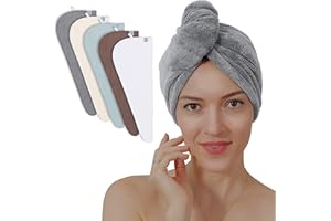 TENSTARS 5 Pack Thicken Microfiber Hair Towel Wrap for Women - Elastic Loop Design - 320GSM Coral Velvet - Quick Dry Hair Turban - 11x28 Inch (Cream+White+Brown+Light Teal+Grey, 5)