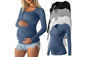 Sweetyweee 4 Pack Womens Maternity Shirts Cotton Scoop Neck Long Sleeve Ribbed Pregnancy Top Henley Side Ruched Mama Clothes