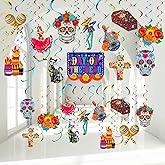 30 pcs Day of The Dead Foil Swirls Decorations Halloween Sugar Skull Flowers Ceiling Hanging Swirls Dia de los Muertos Party Favors Supplies for Halloween Birthday Skull Mexican Party (Novel Style)