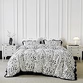 SUSYBAO Black Botanical Duvet Cover Queen 100% Cotton 3 Pcs Set 1 Decorative Rustic Black Ruffle Duvet Cover with Zipper Ties 2 Pillow Shams Farmhouse Black White Floral Bedding Set Soft