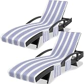 Lounge Chair Towel Cover, Chaise Lounge Covers (Pack of 2), Striped Lounge Chair Towels with Fitted Top Pocket for Pool, Beach,Vacation Travel, 85 x 30 in, Striped Purple Gray Blue