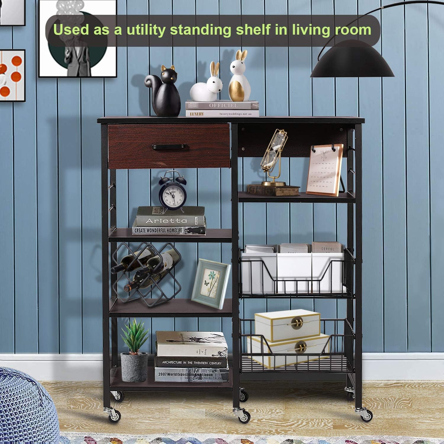 VECELO Kitchen Baker's Rack 36.6" Storage Shelf Organizer, Microwave Oven Stand, Utility Cart on Wheels, Black Walnut: Home & Kitchen