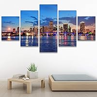 SIGNWIN Framed Canvas Wall Art Miami City Skyline at Dusk with Urban Skyscrapers and Bridge Over Sea Coastal Ocean Contemporary Panoramic Relax/Calm for Living Room, Bedroom, Office - 60