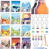 Sherr 96 Pcs 12 Set Pre Drawn Canvas Painting Kits, Landscape | Adult Painting Party Set with Brushes Paints Wine Glasses, 8x10 Ready to Paint, DIY Craft for Paint Parties and DIY Crafts