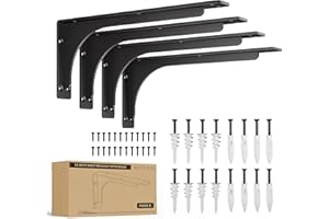 BATODA 14" x 6" L Bracket with Beam - Shelf Brackets Black 300 Lbs Capacity - Heavy Duty Shelving Brackets for Floating Shelves - Wall Mounted Support for DIY – Mounting Hardware Included (Pack 4)