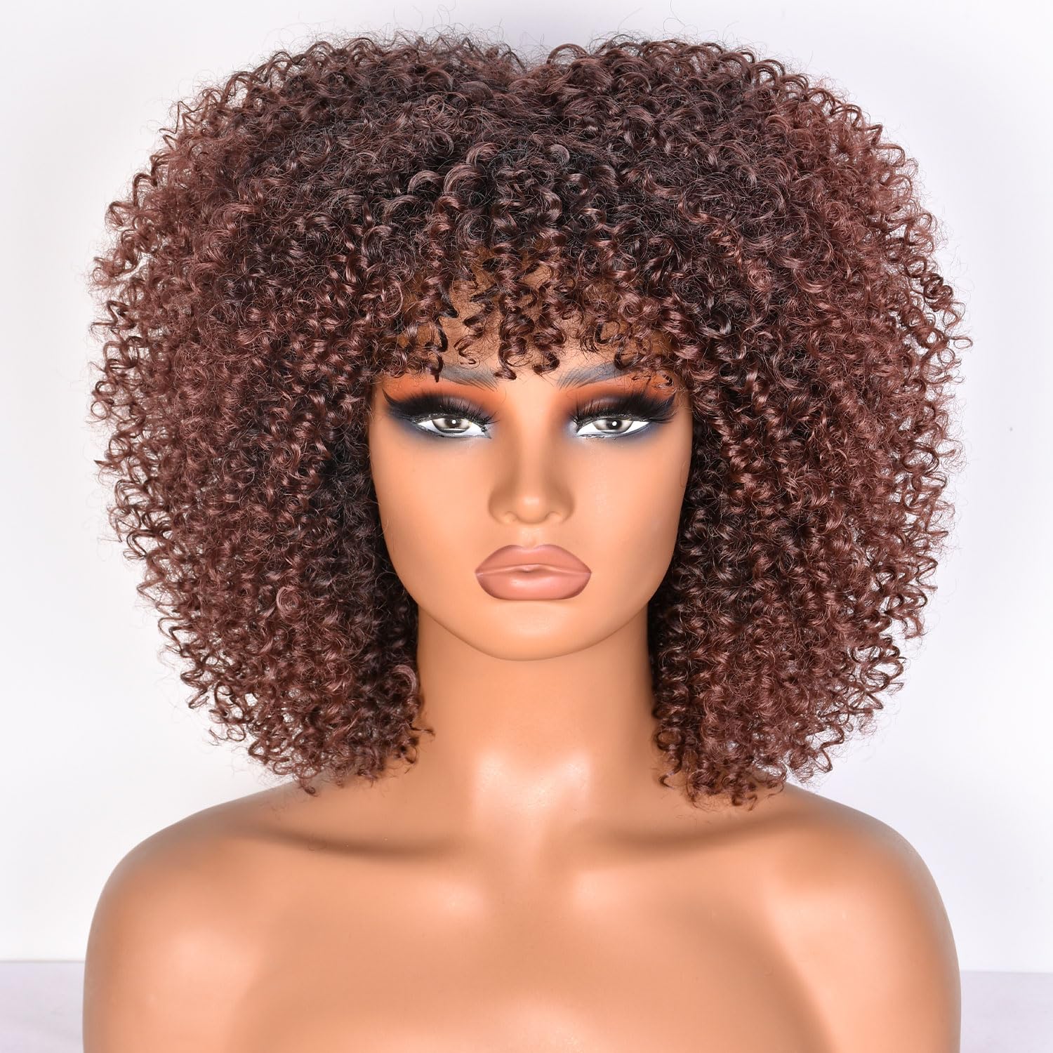 Lizzy 10 Inch Afro Curly Wigs for Black Women Synthetic Afro Wig with Bangs Heat Resistant Short Kinky Curly Wigs for Cosplay and Daily (Dark Brown)