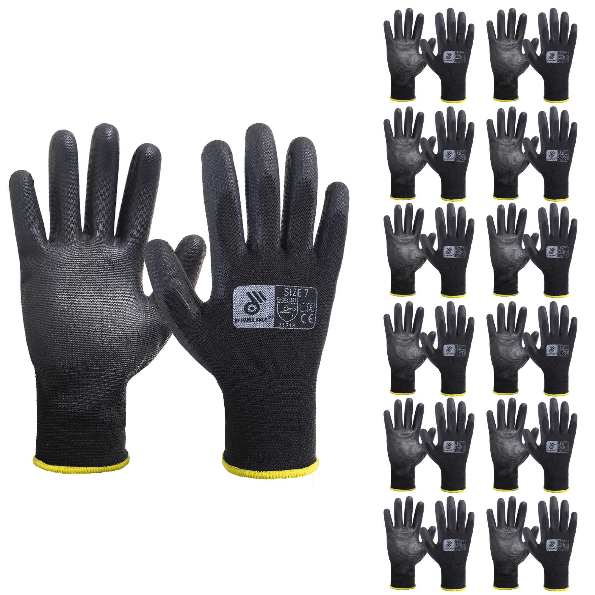 HANDLANDY 12 Pairs PU Coated Nylon Black Protective Work Gloves, Non-slip Flexible Gloves for Construction, Warehouse, Gardening, Small