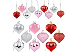 PARTYPROPS 36Pcs Valentines Heart Shaped Ornaments - Valentines Heart Decorations - Red Pink Silver Glitter Heart Shaped Baubles - Romantic Christmas Valentines Tree Hanging Decorations