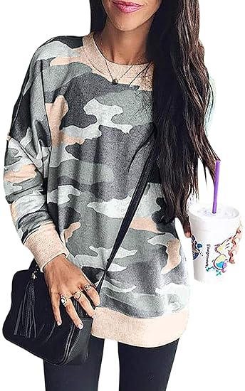 ECOWISH Damen Camouflage Sweatshirt Langarm Rundhals Top Casual Lose Pullover Shirt Oberteile