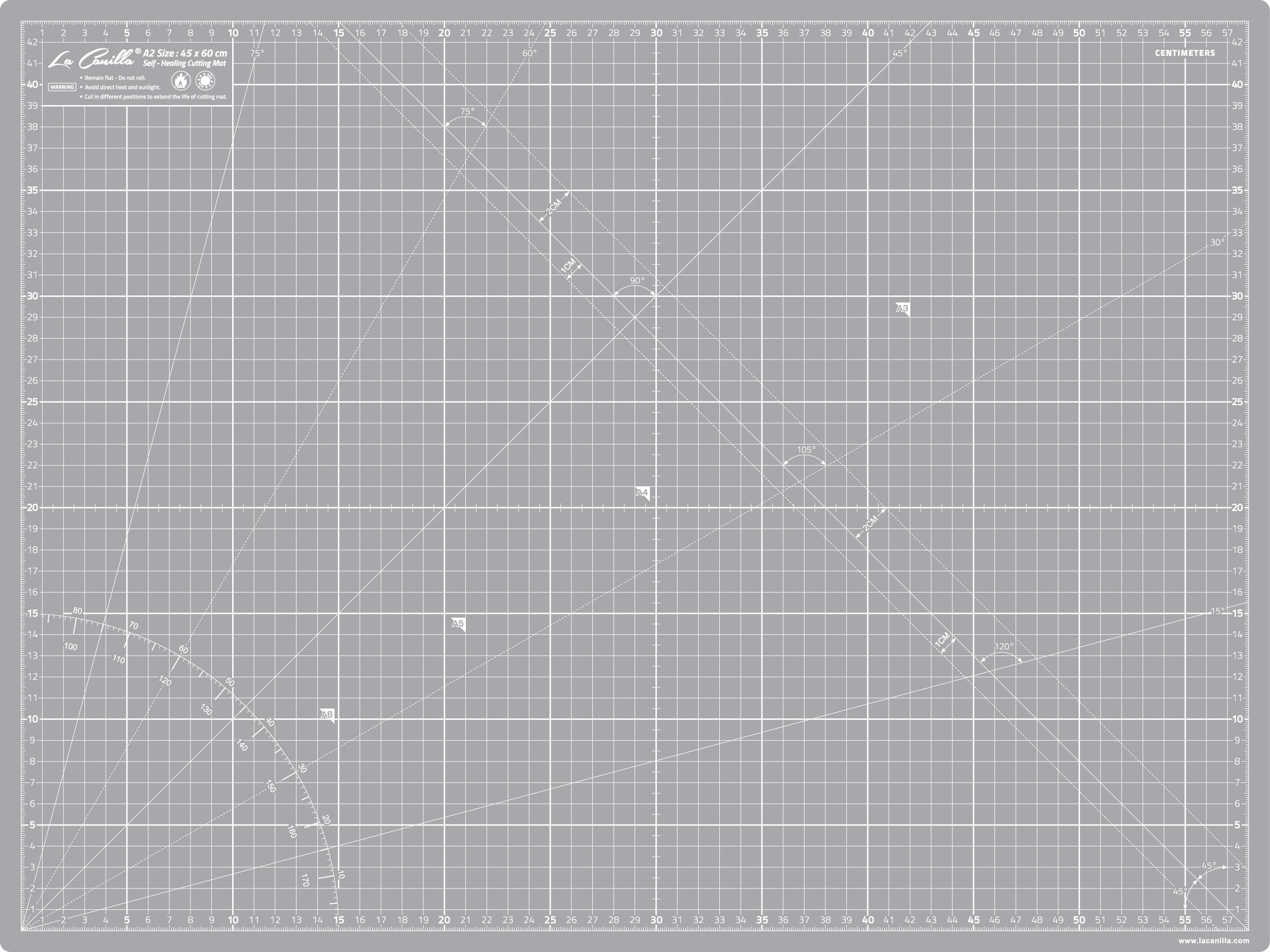 La Canilla ® - Self Healing Cutting Mat A2 (60x45cm - 24x18”) Double Sided Printed (cm & Inches) 5 PVC Layers | Patchwork, Quilting, Sewing, Fabric, Papercraft, DIY (Grey)