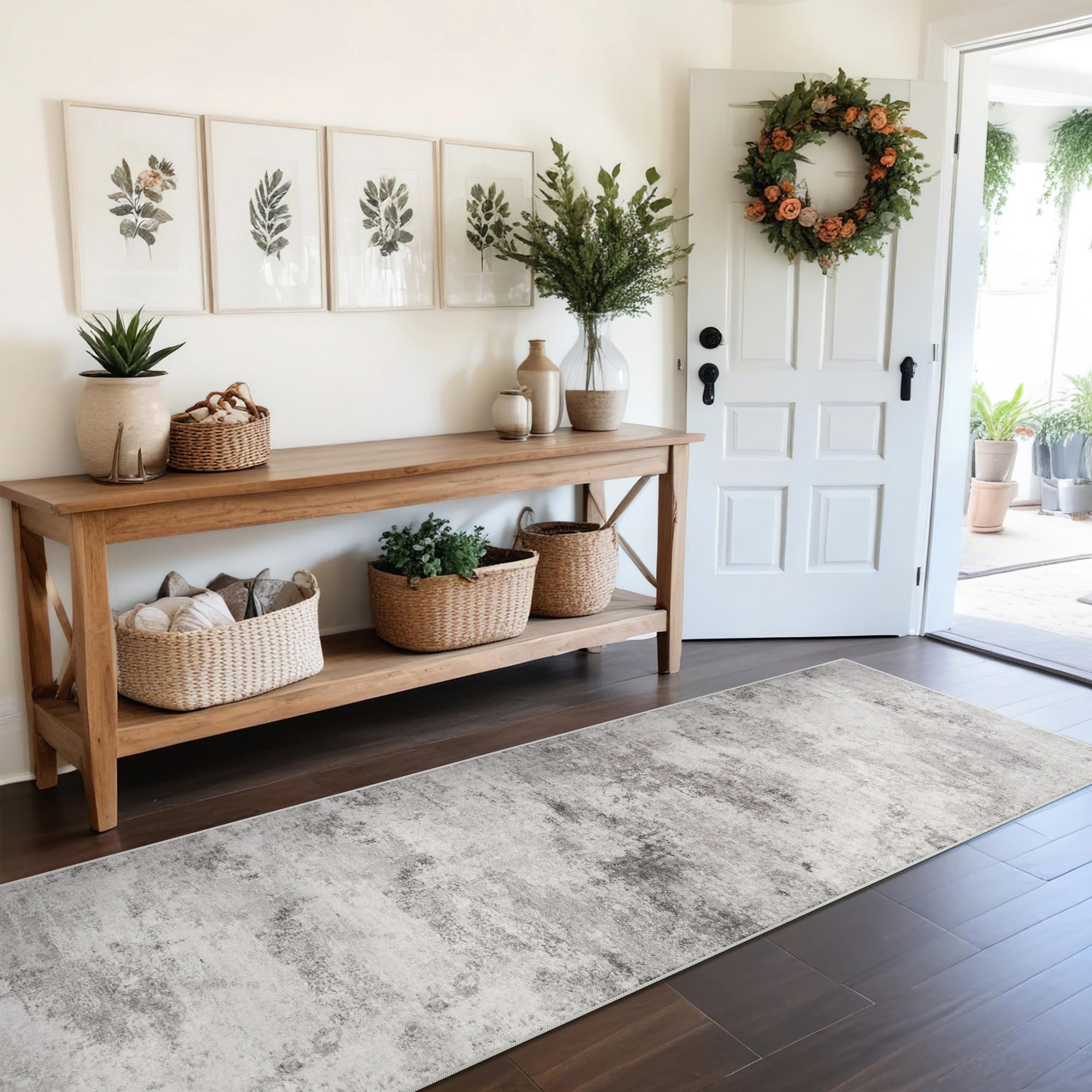 BYYVOO Carpet Runners for Hallway 8ft: Washable Non-Slip Abstract Rugs for Kitchen Entryway Bedroom - Soft Stain Resistant Easy Clean Mat for Family with Pets 2.6x8 Grey Image