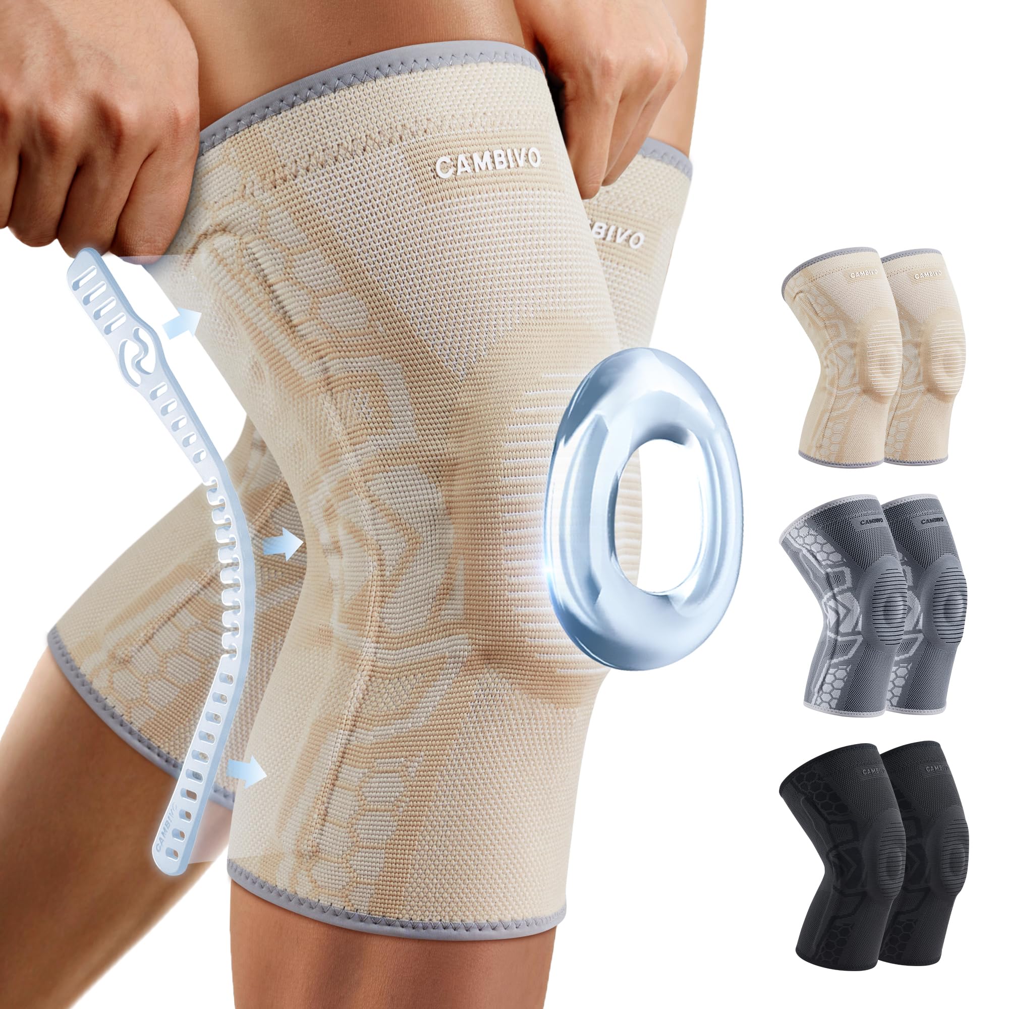 Photo 1 of (M)CAMBIVO 2 Pack Knee Brace for Men and Women, Knee Sleeves for Men with Patella Gel Pad and Side Stabilizers, Knee Compression Sleeves for Knee Pain Relief, Running, Workout, Daily Use (Beige, Medium)