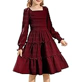 HOZIY Girls Long Sleeve Dress Ruched Smocked Tiered Ruffle A-Line Casual Boho Teen Dresses with Pocket Size 6-16 Years