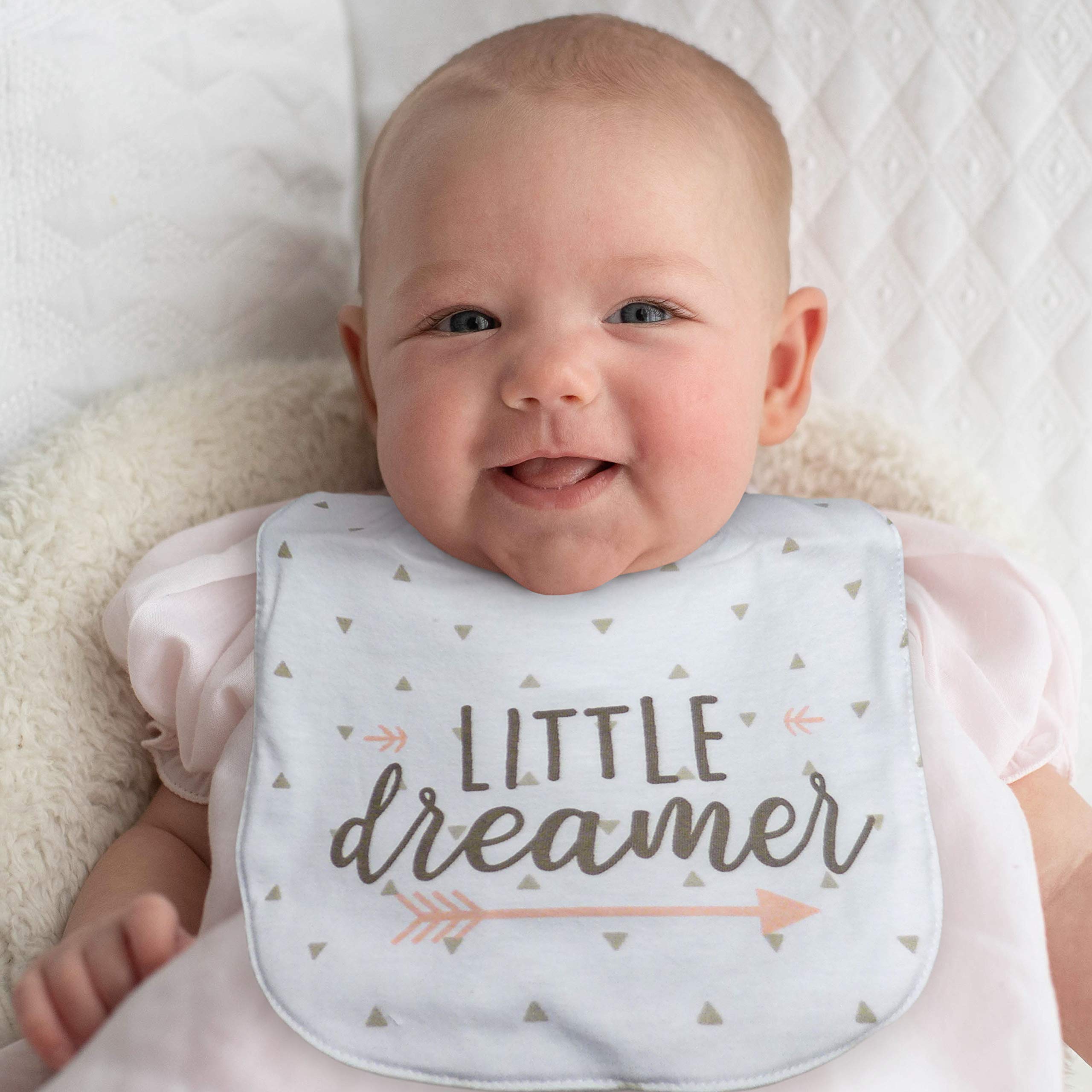 Neat Solutions 5 Pack Aspirational Bib Set with Mixed Fabrics & Water Resistant Inner Core - Girl, Grey Oatmeal While