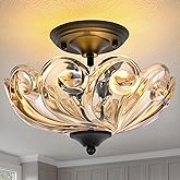 HuixuTe Modern Semi Flush Mount Ceiling Light, 3-Light Black Close to Ceiling Light Fixture with Amber Glass Shade for Bedroo
