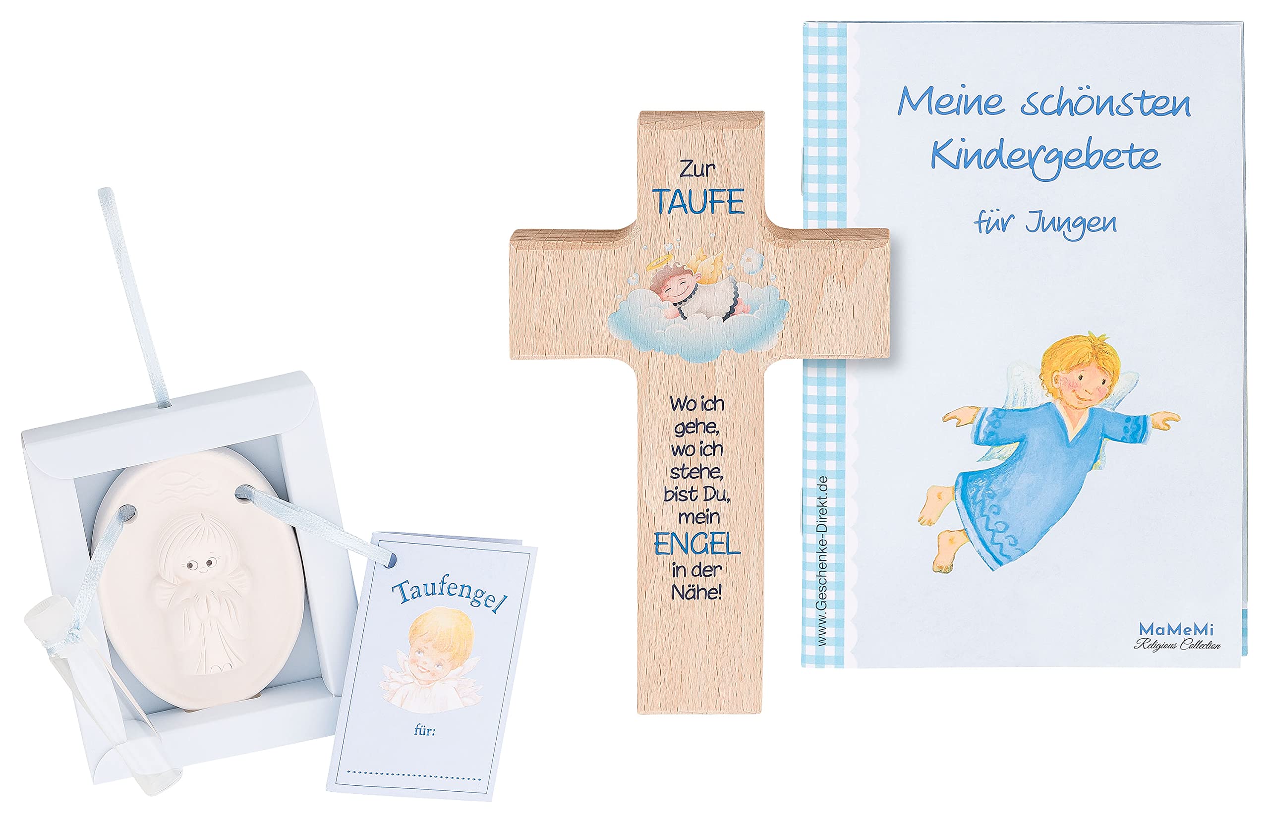 MaMeMi Christening Gift Set for Boys - With Wooden Cross 15 x 9 cm, Prayer Book & Guardian Angel - Christening Gift Set in Blue - Religious Memory Gift for Christening