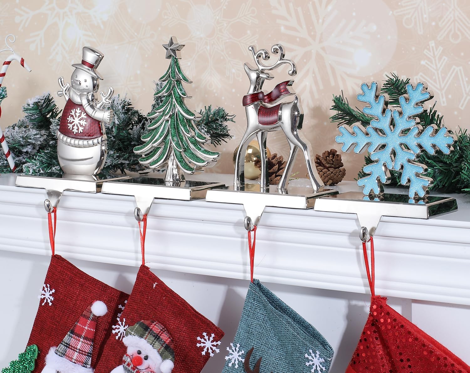 Ornament Hooks - Christmas Stocking Holders for Mantel Set of 4-Christmas Stocking Holder for Fireplace Tree Snowflake Snowman Deer Christmas Stocking Hangers for Fireplace - Stocking Hook Set for Mantle (Set of 4)