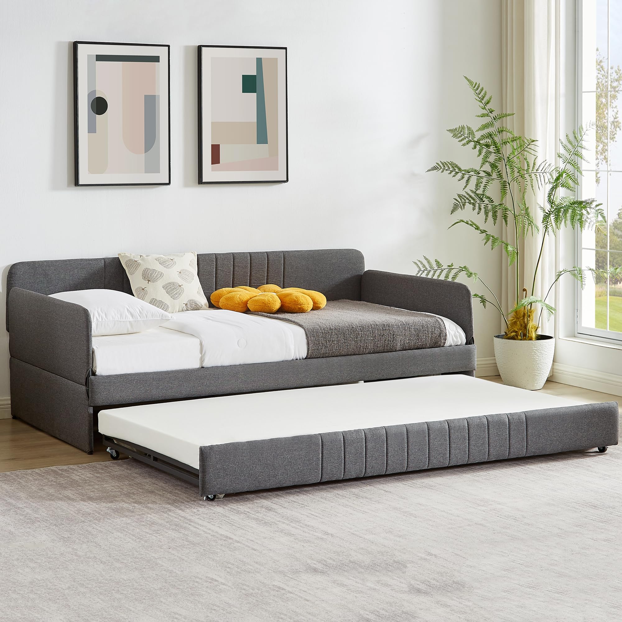 Photo 1 of ***FACTORY SEALED****
Twin Daybed with Trundle Bed Twin, Linen Upholstered Day Bed with Arm and Backrest, No Box Spring Needed Daybed, Twin Size Day Bed Gray