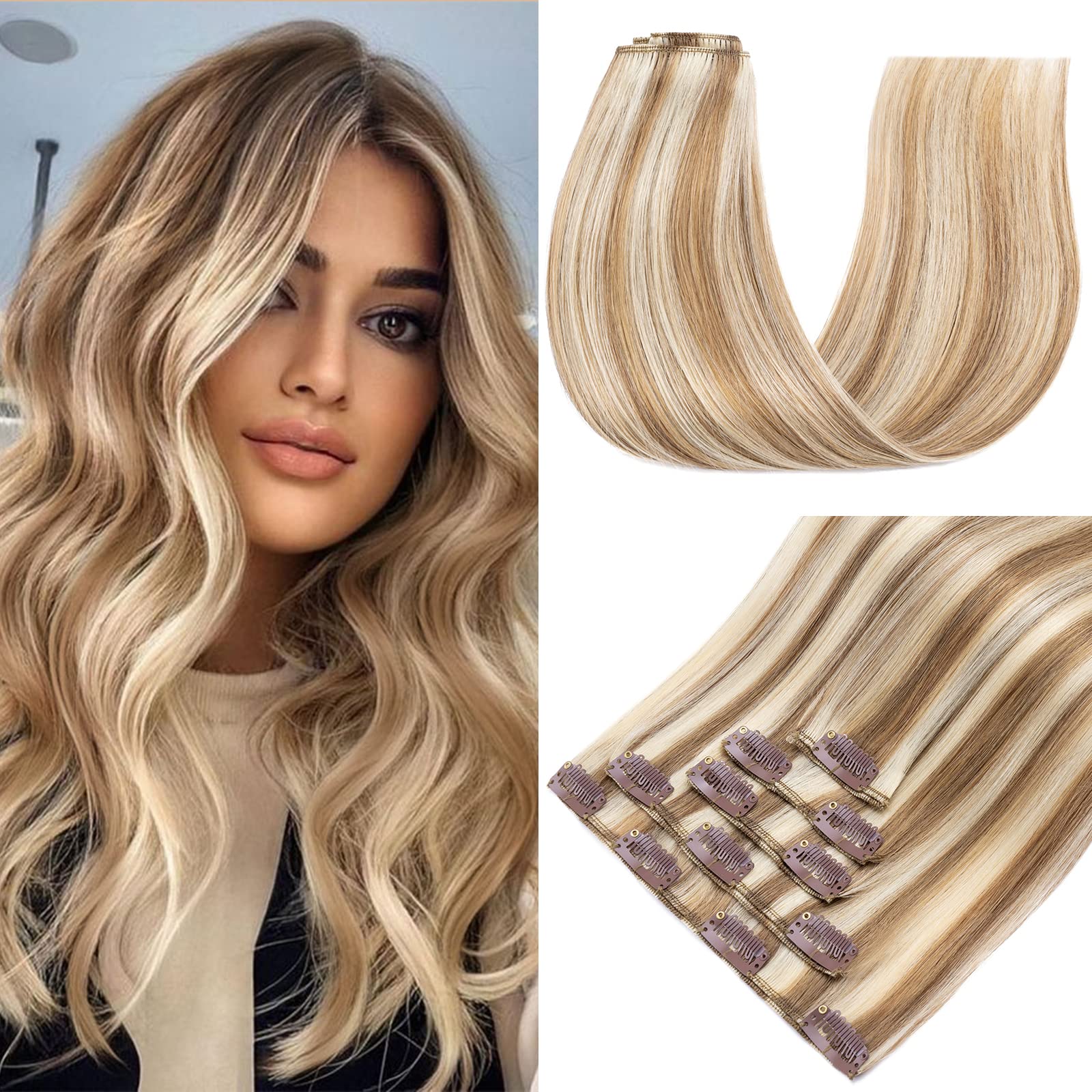 S-noilite Clip in Hair Extensions Real Human Hair Golden Brown/Bleach Blonde, 5Pcs 12 Clips Remy Natural Hair Extension Seamless Clip in Hair Extensions for Women 18 Inch(70g)