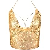 SATINIOR Shiny Tank Top for Women Crystal Body Neck Chain Sequin Tops with Nipple Pasties Double Sided Tape Party