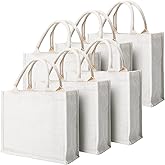 Segarty Tote Bags, 6 Pack Small White Burlap Jute Reusable Canvas Gift Favors Bag with Handles Blank Tote Bulk for Bridesmaid Wedding, Women Market Grocery Shopping, Bachelorette Party, Beach Trip