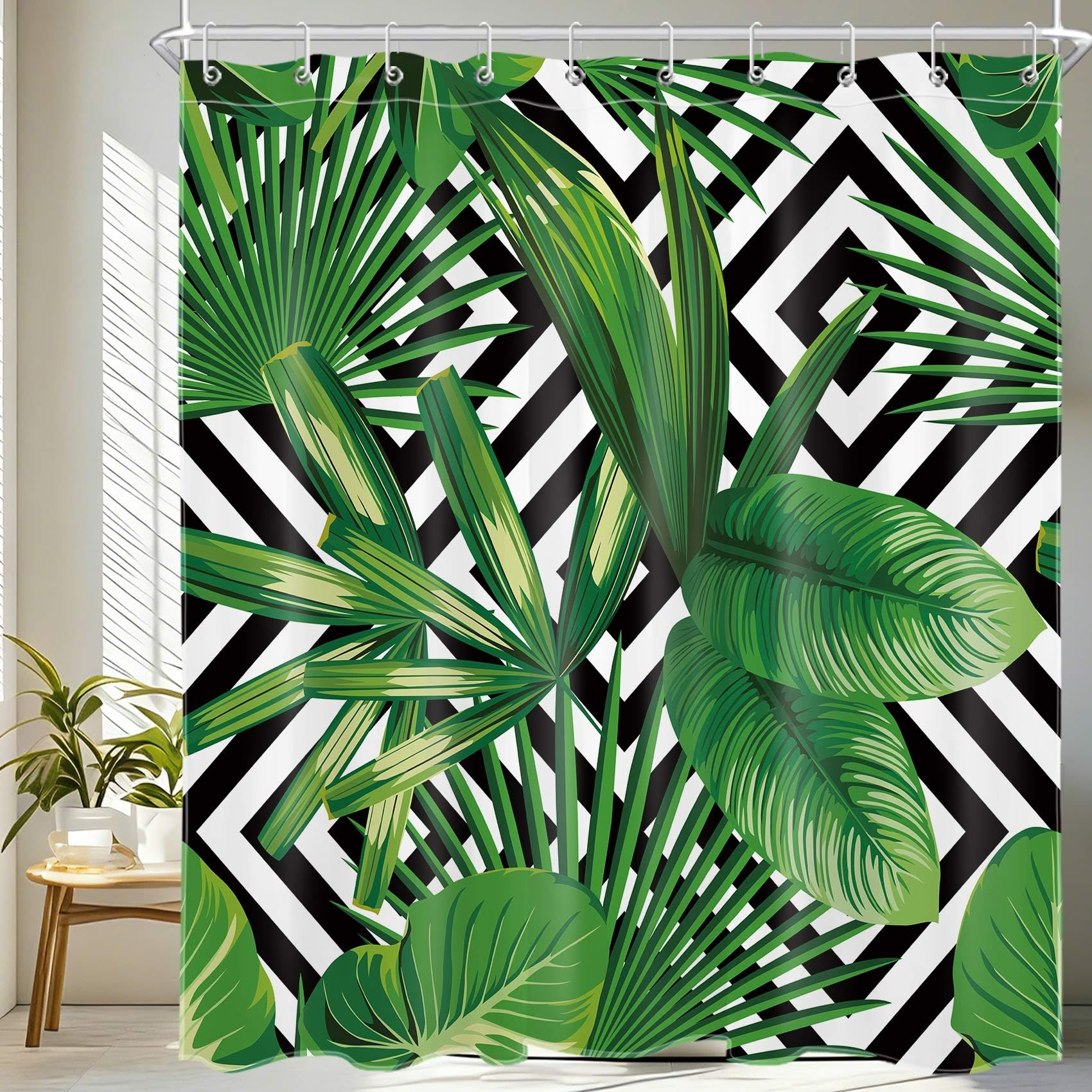 LB Green Shower Curtain Mould Proof Resistant- Black and White Waterproof Polyester Fabric Bath Curtain for Bathroom Decor with Hooks, 150x180cm, Leaf Striped