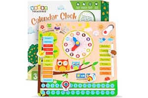 woody treasures - Montessori Wooden Toys Kids Clock - Wooden Toy for 3 Year Olds - Unique Learning Toy for Toddlers Learn About Seasons, Months, Days of Week, Time Telling - Educational and Fun